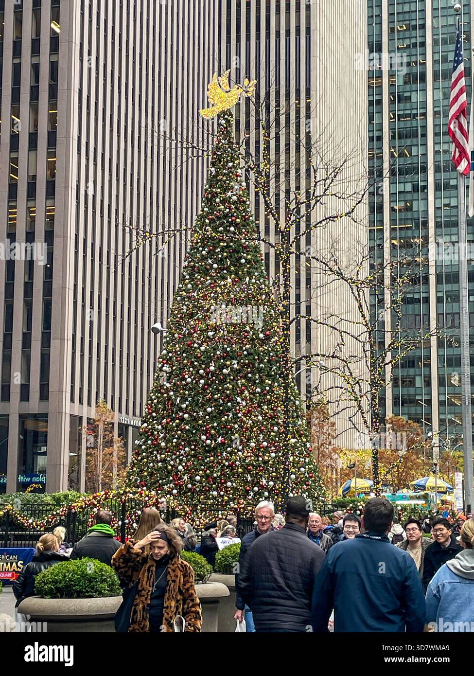 Holiday Christmas tree and Decorations on Sixth Avenue at Fox Square, New York City, USA, 2025 - Smartphone Captured Stock Image