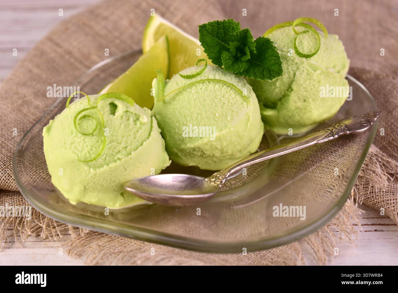 Scoop of lime-vanilla ice cream decorated with mint isolated on white background Stock Photo