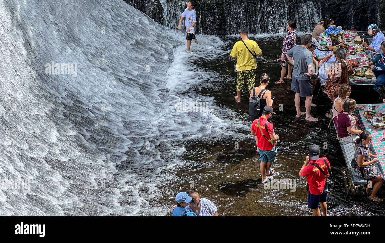 Tiaong, Philippines: Villa Escudero Plantations Resort, Labasin Lake waterfalls lunch buffet restaurant, reservoir hydroelectric dam, Filipino buffet - Smartphone Captured Stock Image