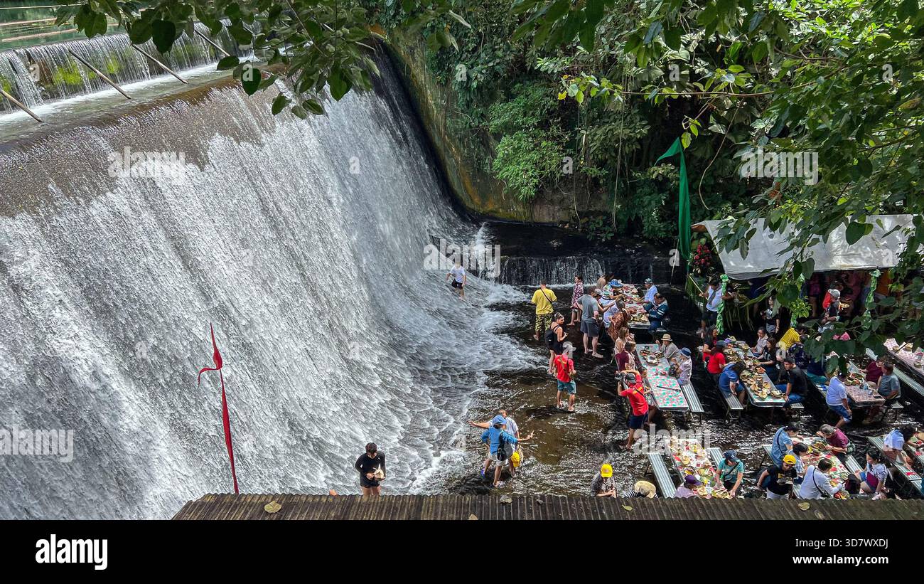 Tiaong, Philippines: Villa Escudero Plantations Resort, Labasin Lake waterfalls lunch buffet restaurant, reservoir hydroelectric dam, Filipino buffet - Smartphone Captured Stock Image