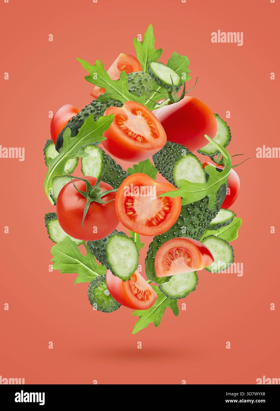 Organic vegetable salad ingredients - red tomatoes, green cucumbers, mixed  greens, levitation as flow in art composition on pink background. Vegetarian  diet food for detox cooking, fitness diet Stock Photo - Alamy, image size:947x1390