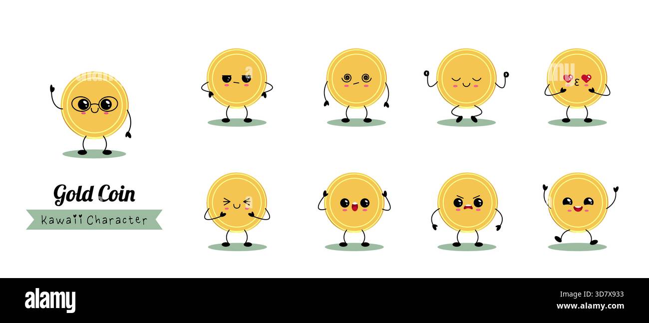 Cute kawaii gold coin characters showing various emotions. Adorable ...