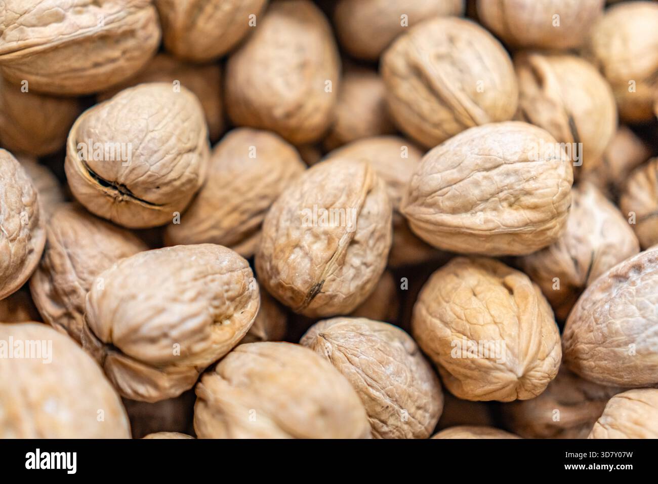 Close-up of walnuts - walnut background with selective focus. Stock Photo
