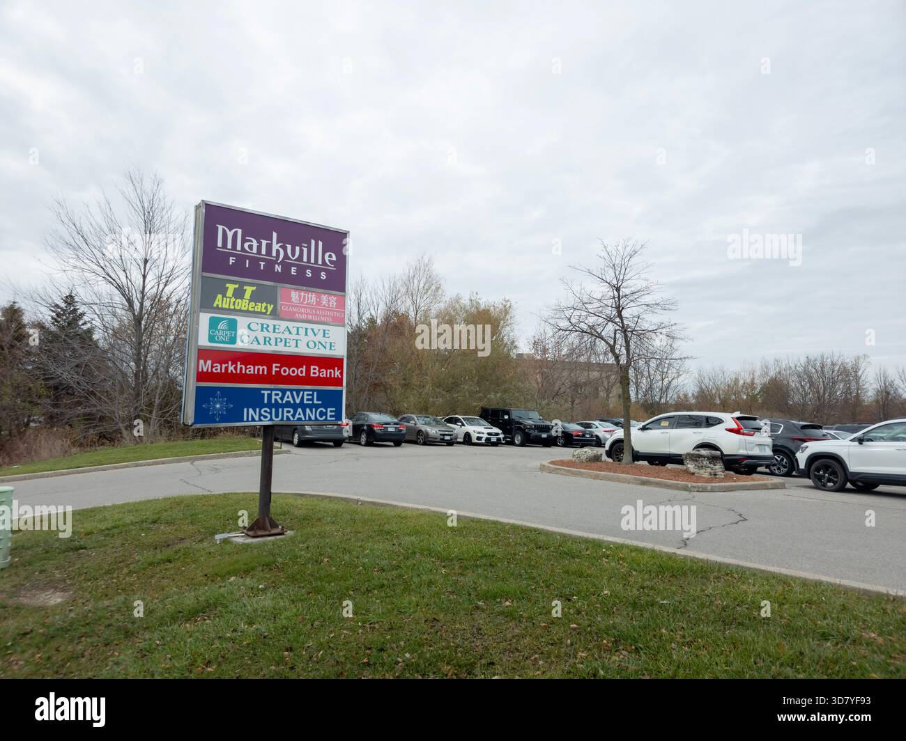 Directory sign at 1795 Dundas Street East lists businesses with parked cars and leafless trees nearby. - Smartphone Captured Stock Image
