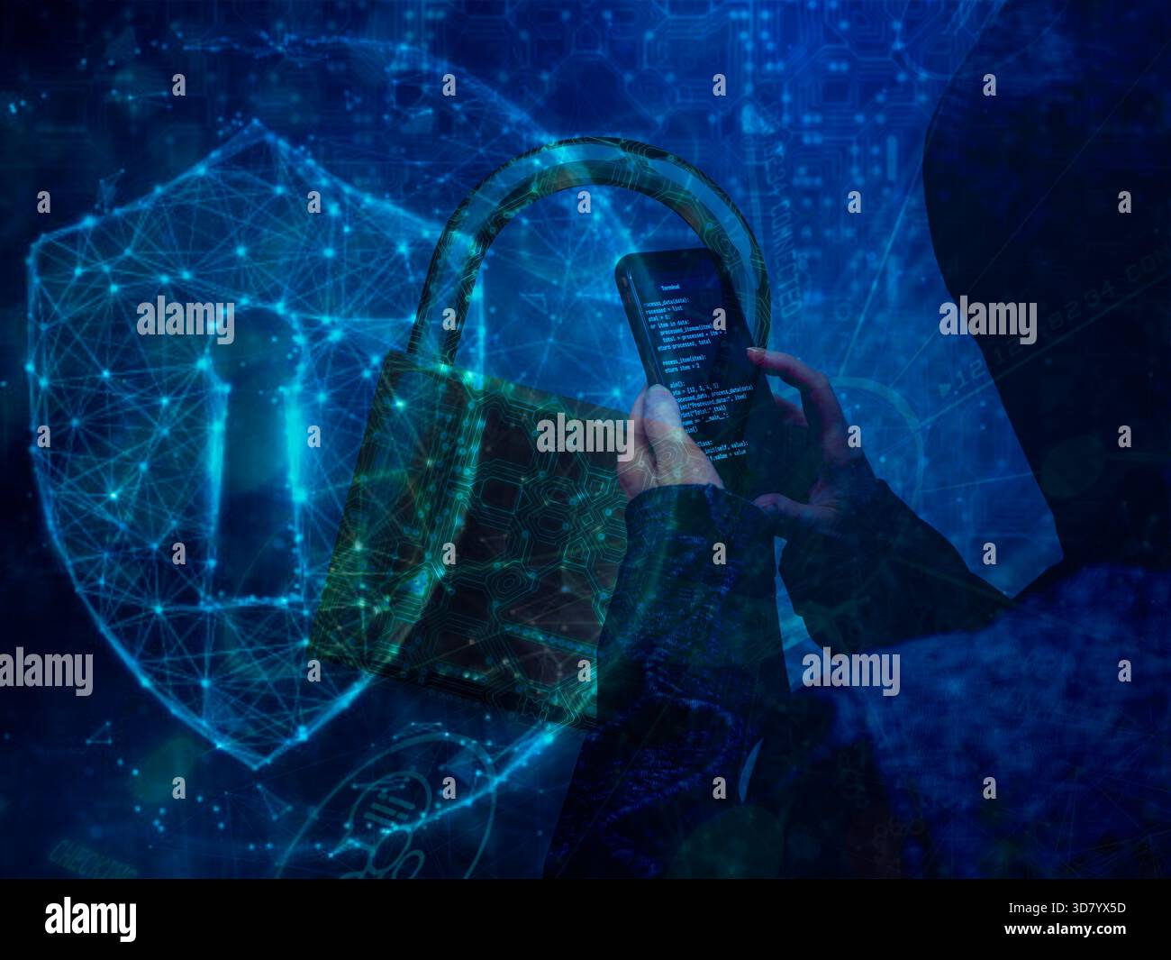 Mobile hacker and digital padlock symbolizing cybersecurity and data protection Stock Photo