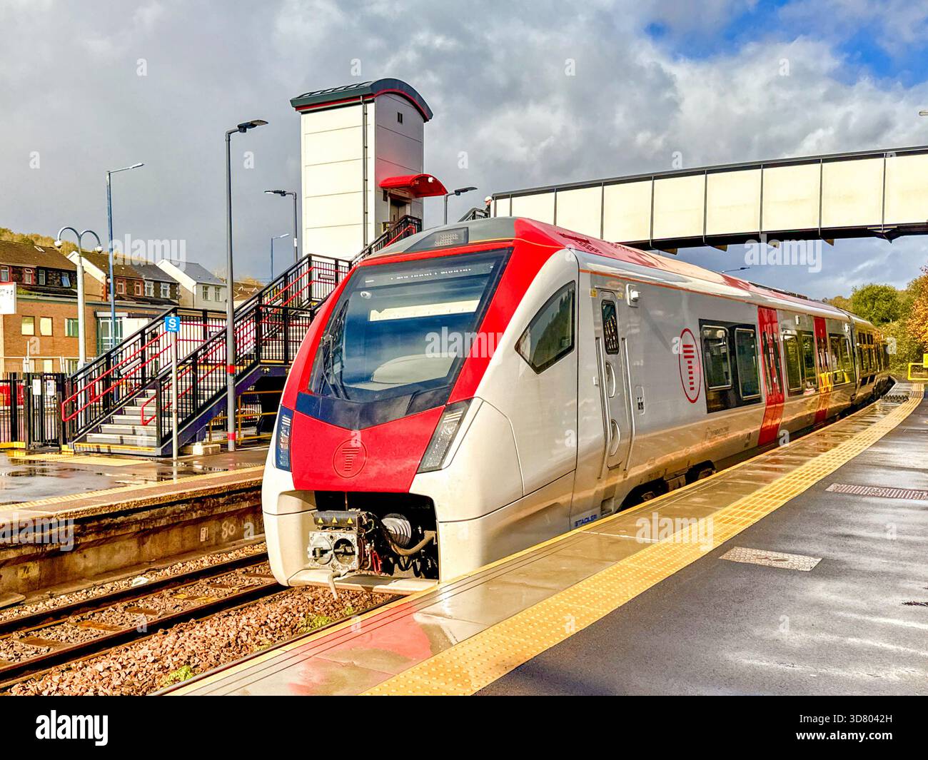 Treforest, Rhondda Cynon Taf, Wales, UK - 24 October 2025: Class 756 commuter train operated by Transport for Wales at Treforest railway station in th - Smartphone Captured Stock Image