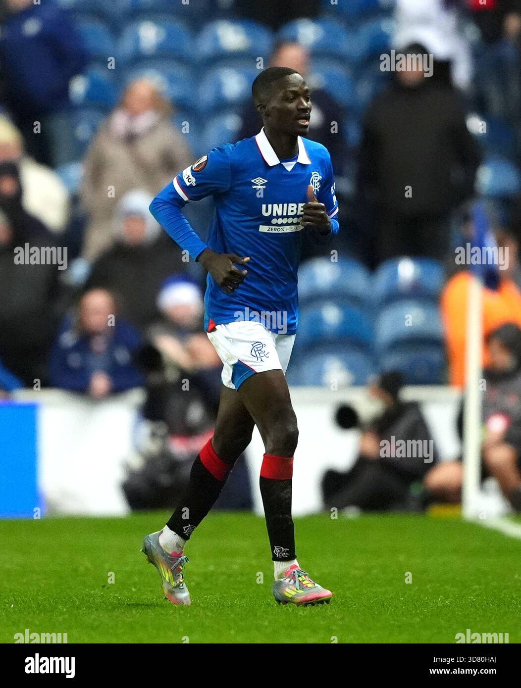 Rangers' Mohammed Diomande leaves the pitch after being shown a red ...