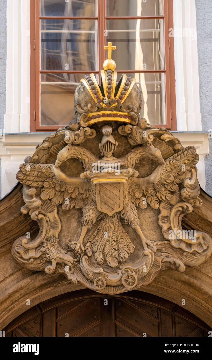 Detailed stone crest with a crown, shield, and double eagle perched ...