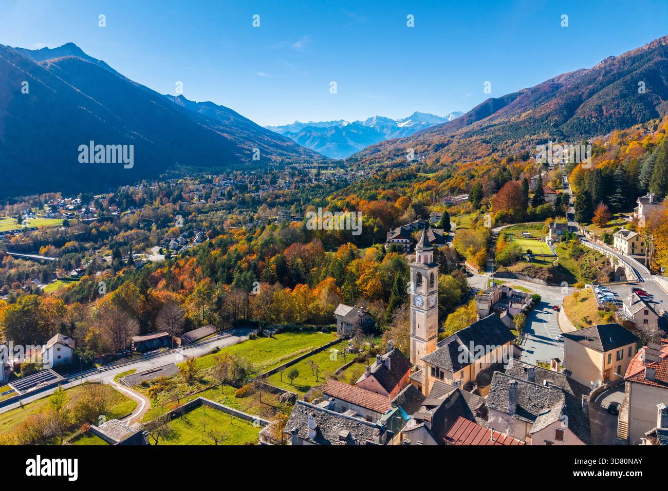 Aerial view of the old town of Vocogno in an autumn day. Valle Vigezzo, Piedmont, Italy. Stock Photo