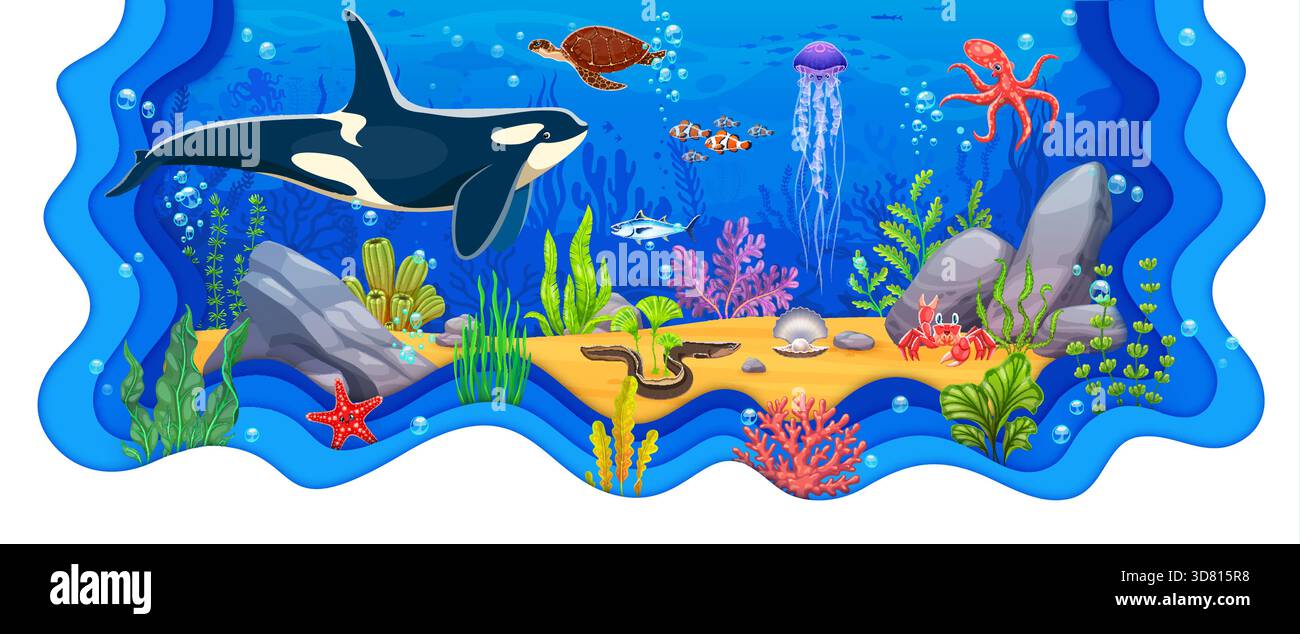 Underwater landscape with killer whale and sea animals in paper cut ...
