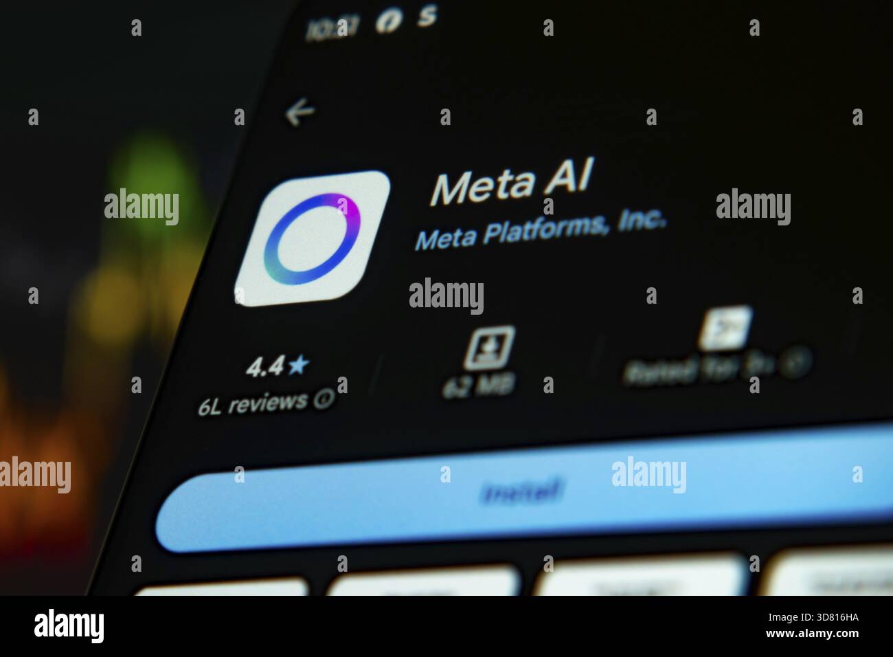 Meta AI app presented on app store with circular icon against dark ...