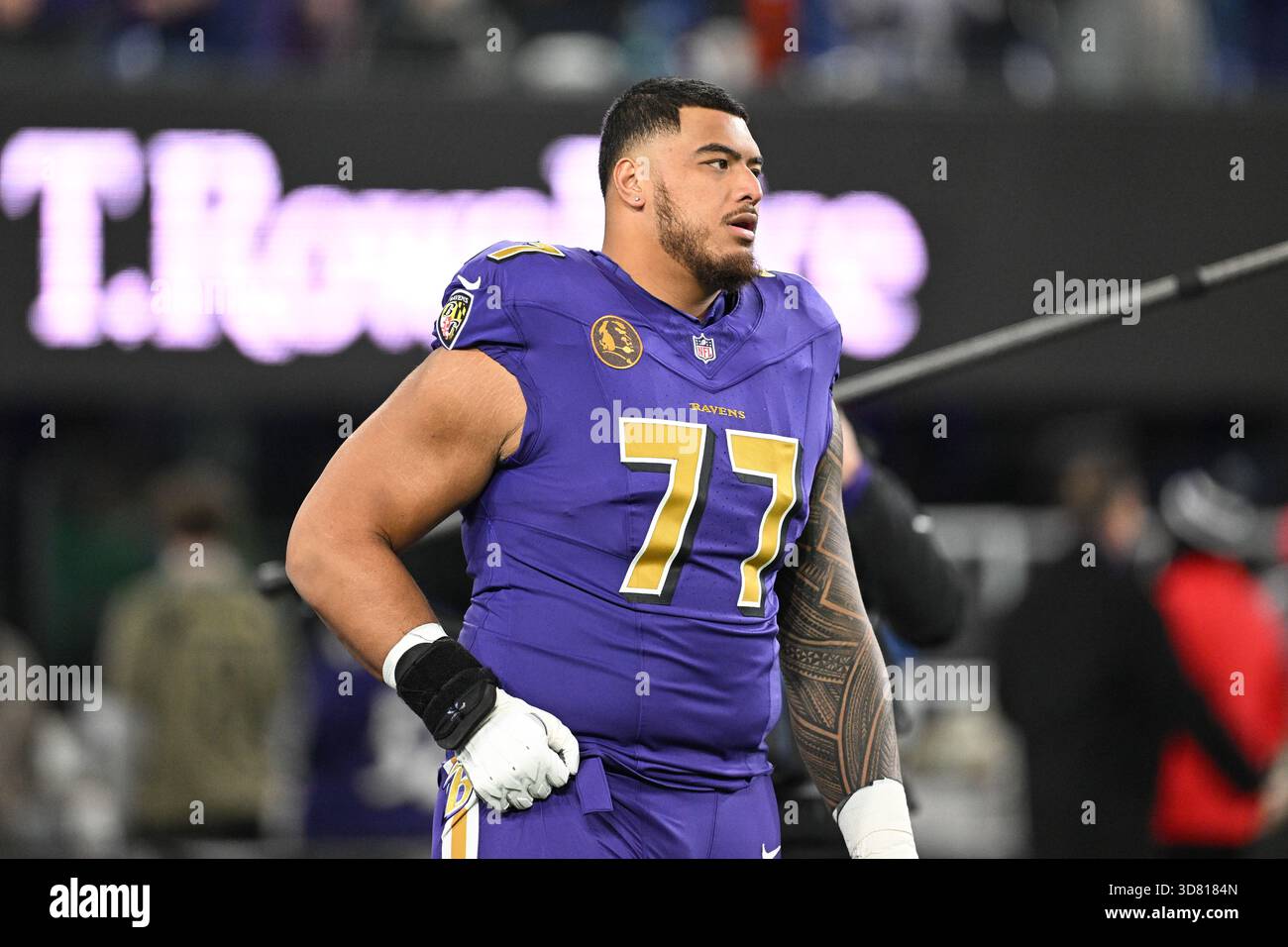 Baltimore Ravens guard Daniel Faalele (77) looks on during pre-game ...