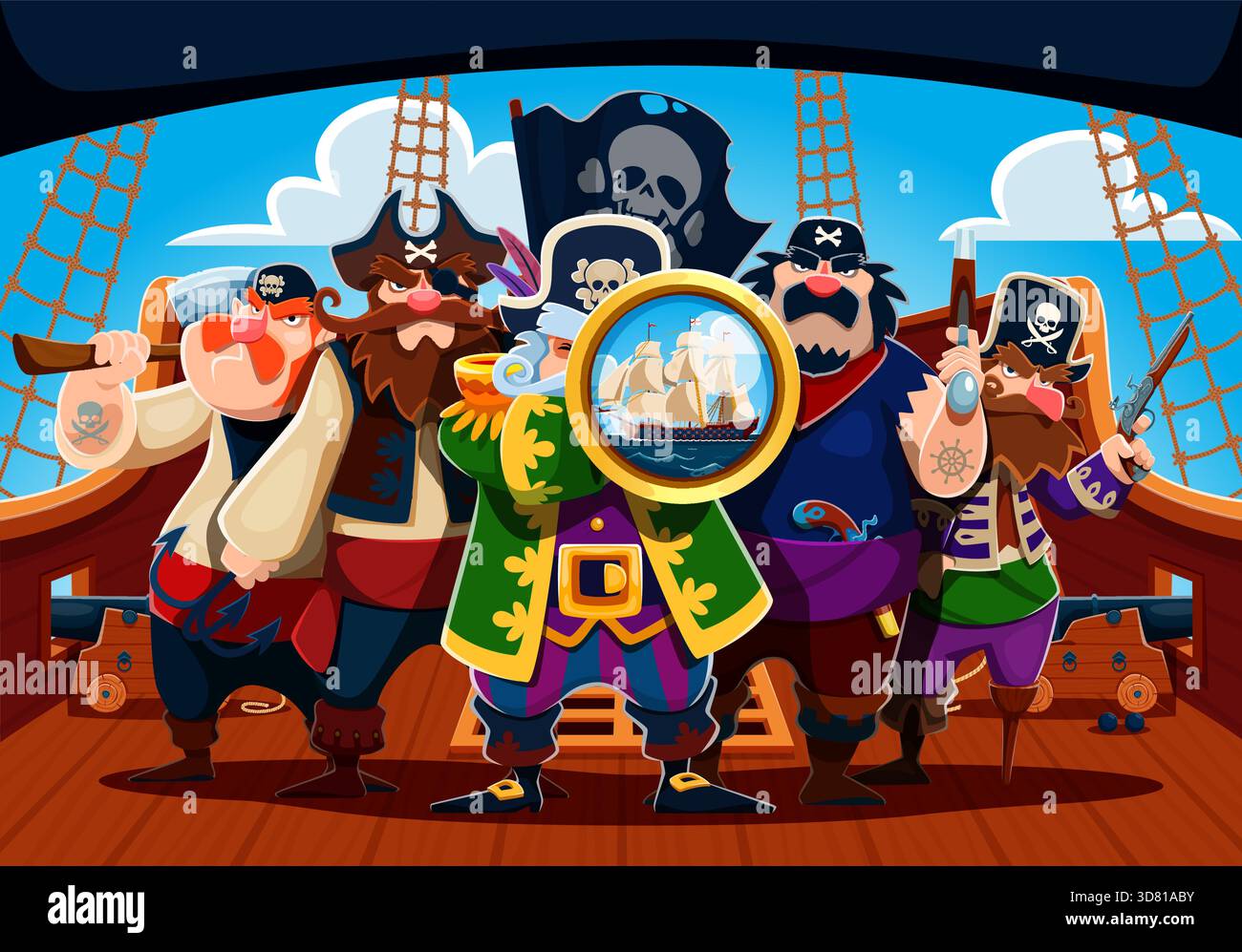 Land Rover Pirates Cartoon pirate sailors and captain crew characters on the ship deck ...