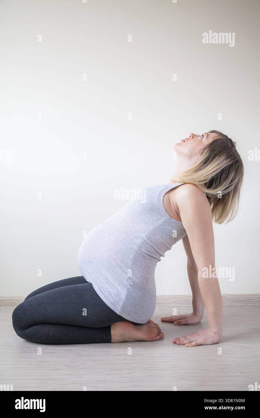 Pregnant woman doing stretching exercises indoors Stock Photo