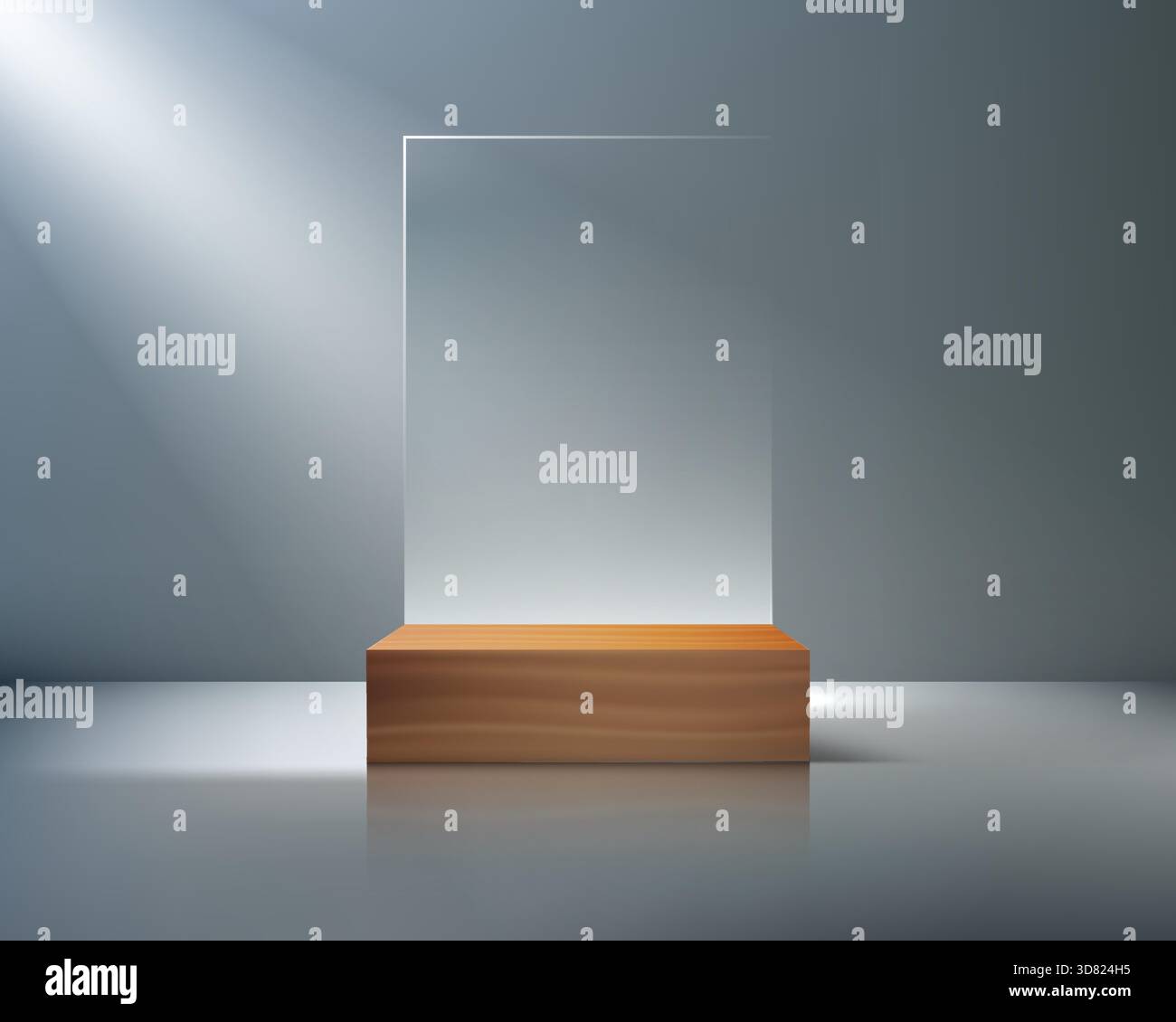 3D wooden rectangular pedestal and clear glass display pane. Set against a smooth gray studio background. luxury products and mockups modern showroom Stock Vector