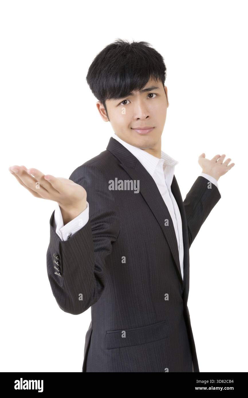 Businessman give you a gesture of unsure, closeup portrait on white background Stock Photo
