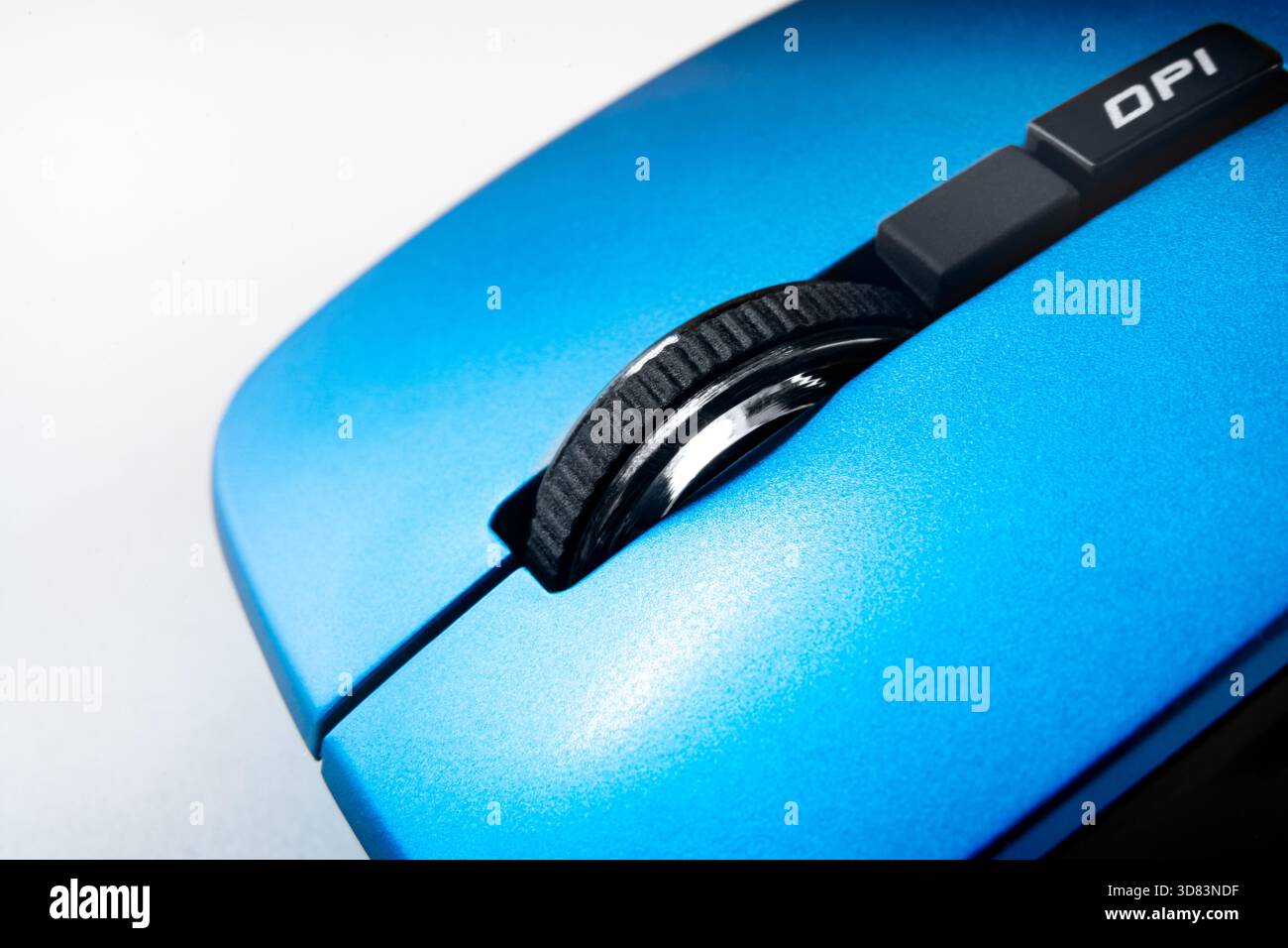 Blue Wireless Computer Mouse Scroll Wheel And Dpi Button Closeup On White Background, Modern Office Technology Control Detail Stock Photo