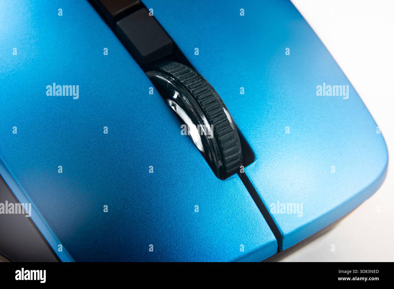 Blue Wireless Computer Mouse Scroll Wheel Macro Closeup On White Background, Modern Technology Hardware Ergonomics Navigation Stock Photo