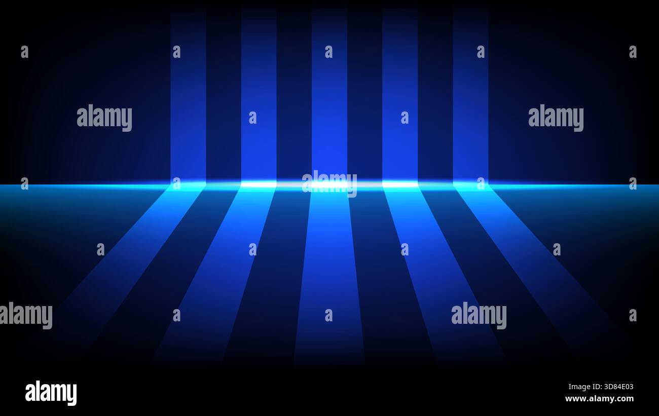 Vertical blue light columns casting long shadows across a digital surface, creating a modern sci fi atmosphere Stock Vector