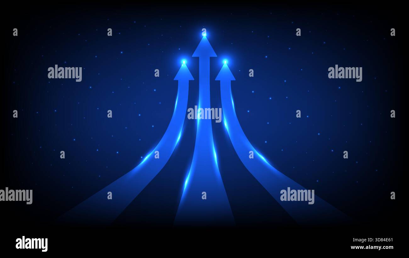 Three glowing blue arrows merging upward against a starry digital ...