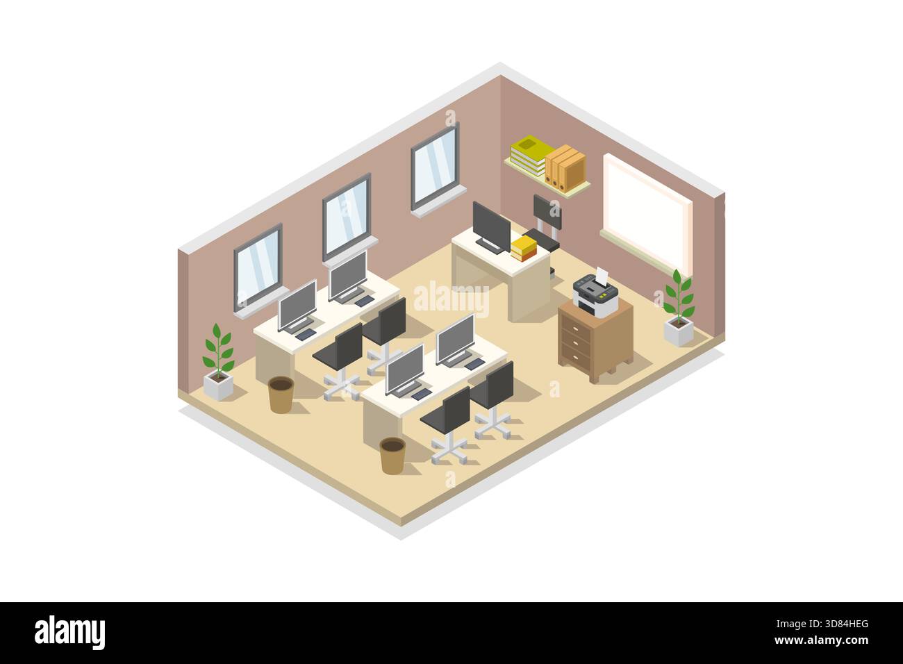 Isometric computer lab classroom illustrated in vector on a white background Stock Vector