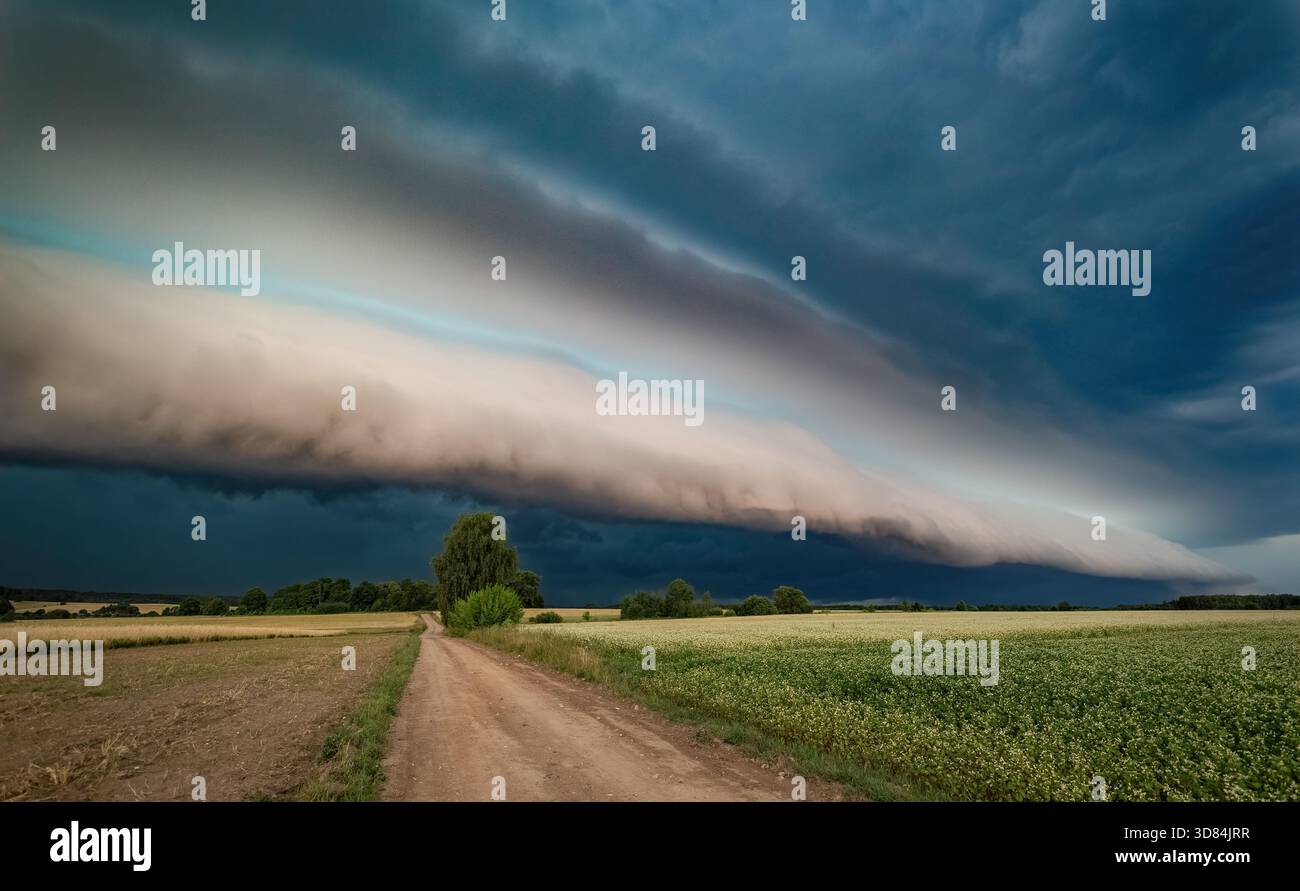 Super shelf, arcus storm cloud over the fields in summer, Lithuania Stock Photo