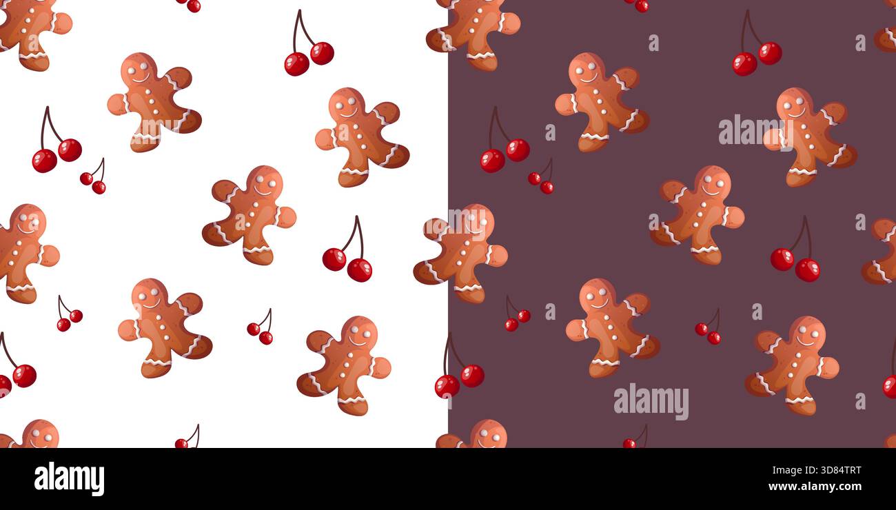 Gingerbread Man and Cherries Seamless Vector Pattern Stock Vector