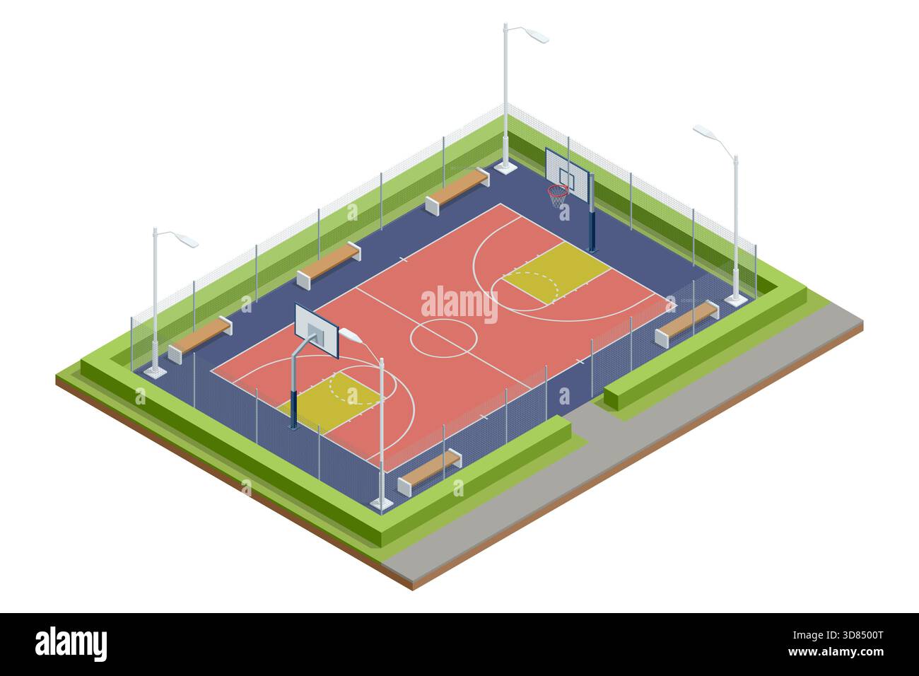 Basketball court. Isometric outdoor basketball court with bleachers ...