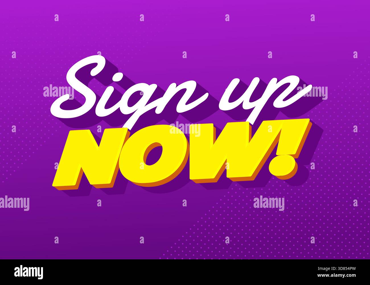 Sign up now. Bright layered text with playful shadows on a modern purple gradient backdrop - Stock Image