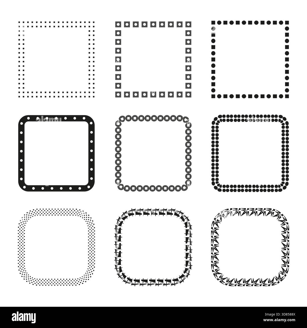 Dotted border frames. Geometric point shapes. Abstract decoration Vector. Minimal design element. EPS 10. Stock Vector
