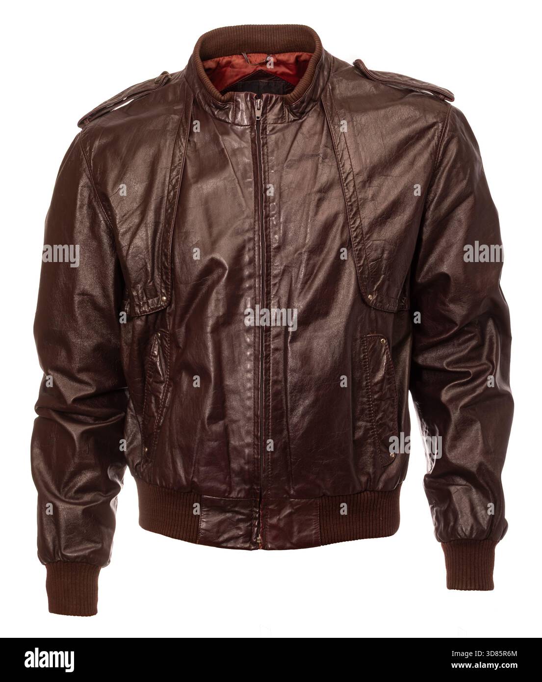 Brown leather bomber jacket with zipper closure and ribbed cuffs isolated on a white background Stock Photo