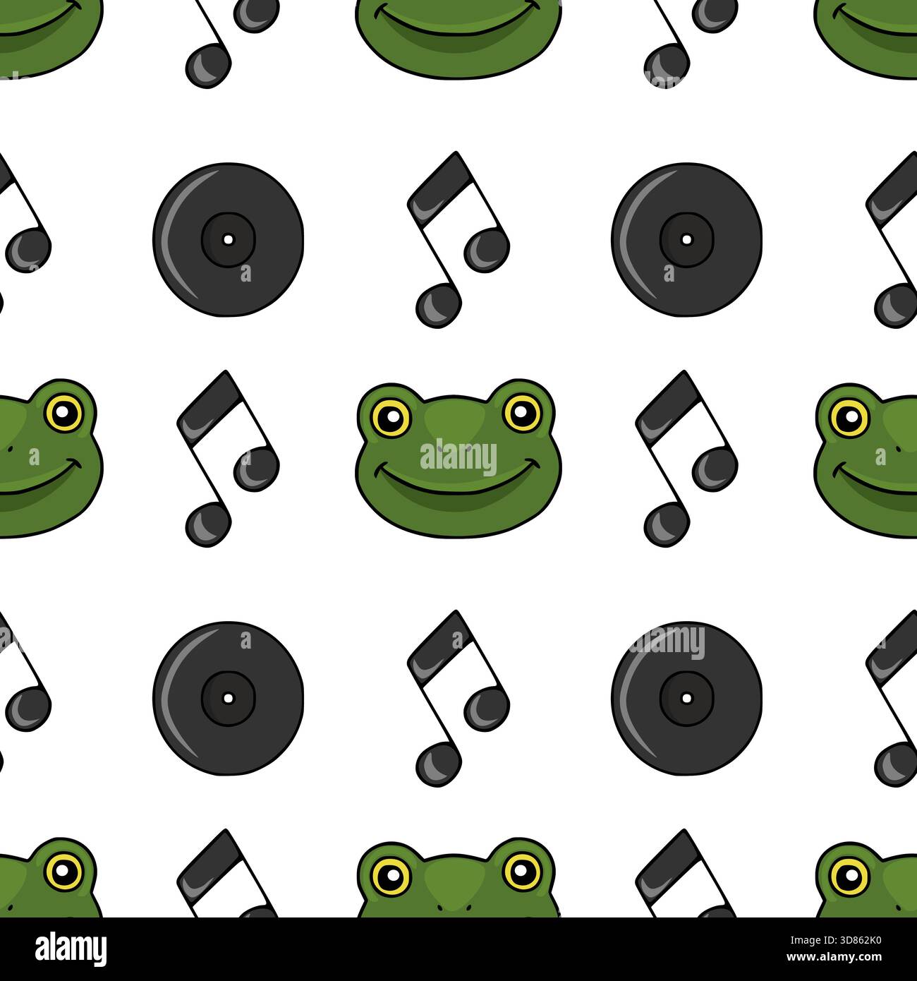 Seamless vector pattern featuring cheerful green frogs and vintage vinyl records interspersed with musical notes. Stock Vector