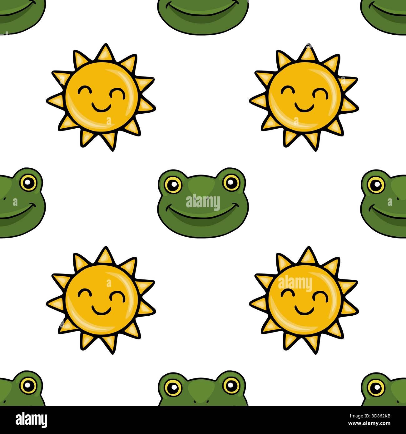 Seamless vector pattern featuring cute smiling frogs and cheerful suns on a white background. Stock Vector