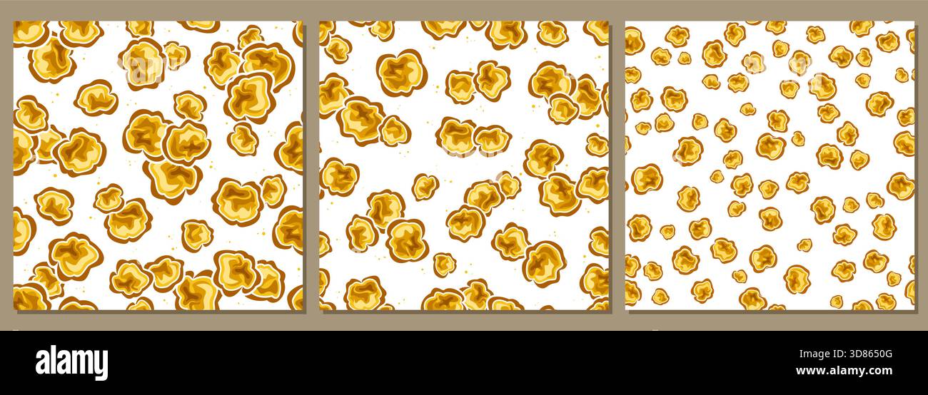 Vector Caramel Popcorn seamless patterns, decorative backgrounds with brown popcorn for wrapping paper, square placards with group of flying crisp pop Stock Vector