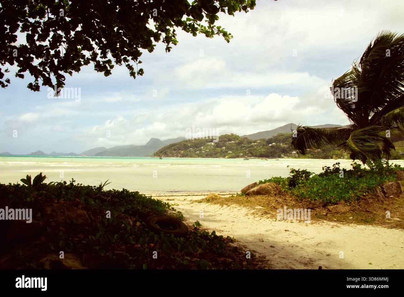 Tropical shaded lookout over Beau Vallon Bay Stock Photo