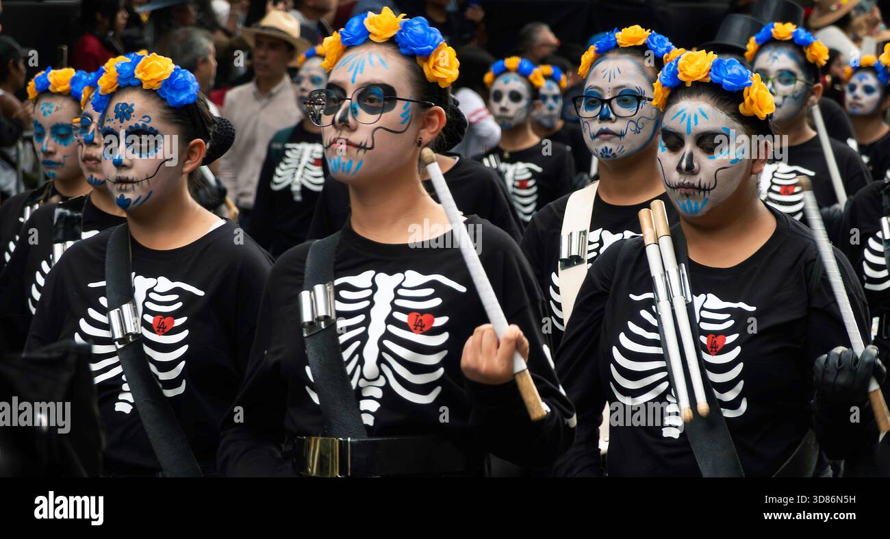 Drummers perform in a Day of the Dead parade in Mexico City, Mexico Stock Photo