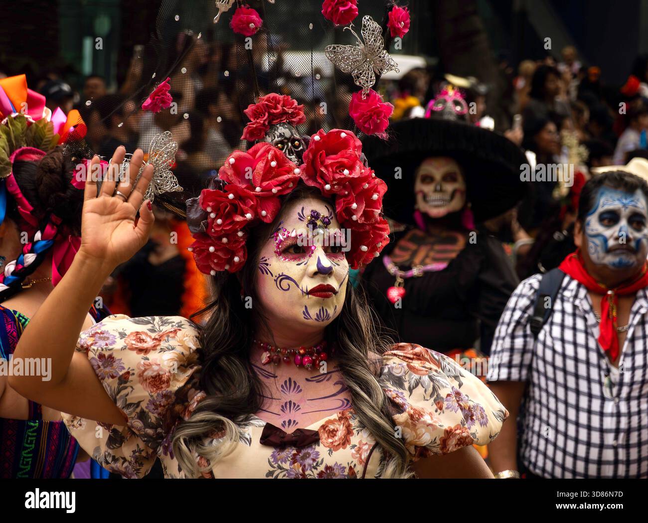 People in costumes parade participate in Day of the Dead parade in Mexico City, Mexico Stock Photo