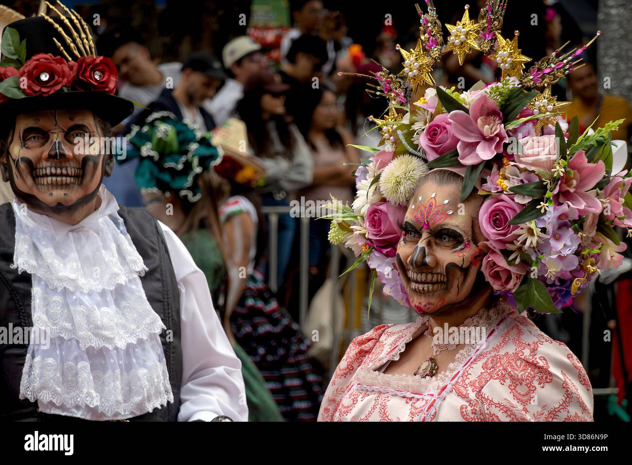 People in costumes parade participate in Day of the Dead parade in Mexico City, Mexico Stock Photo