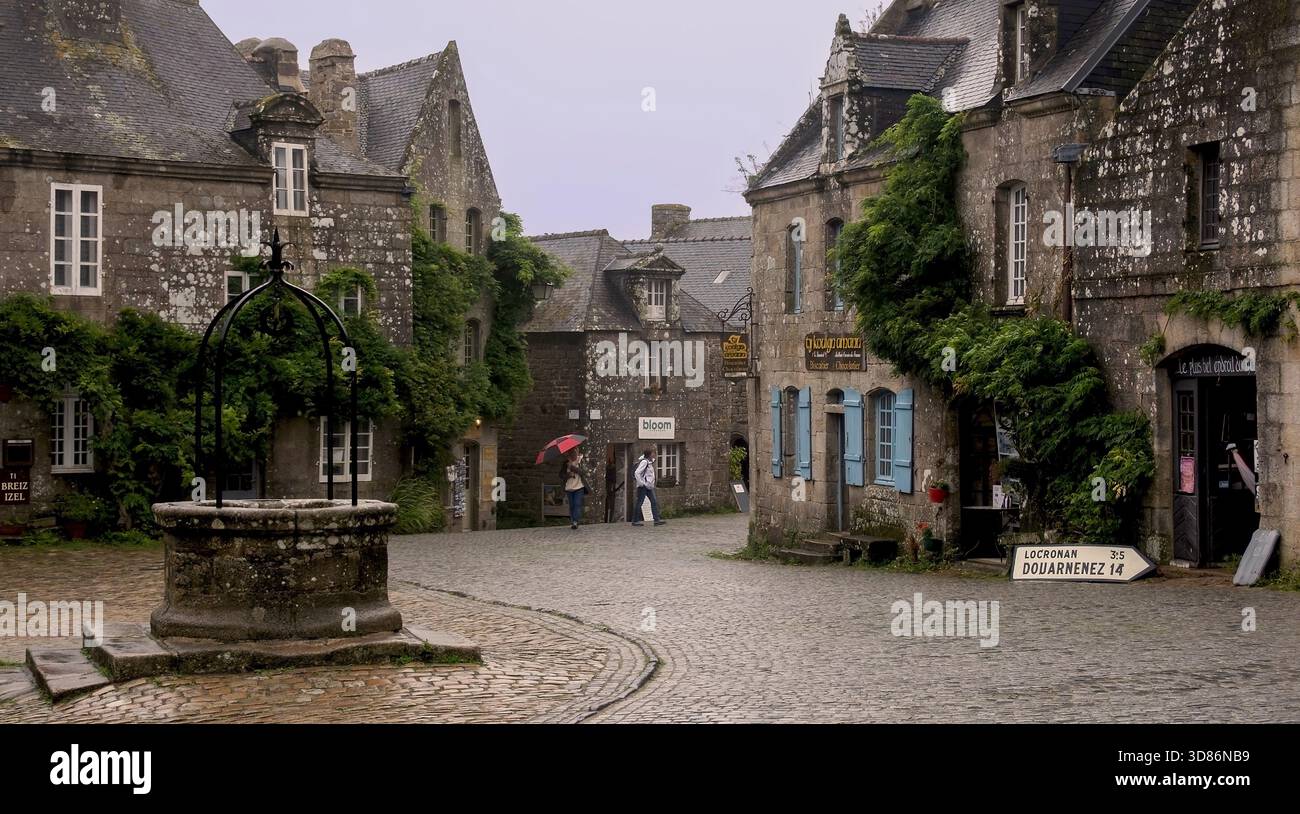 Rainy wet day in Locronan, Brittany, France Stock Photo