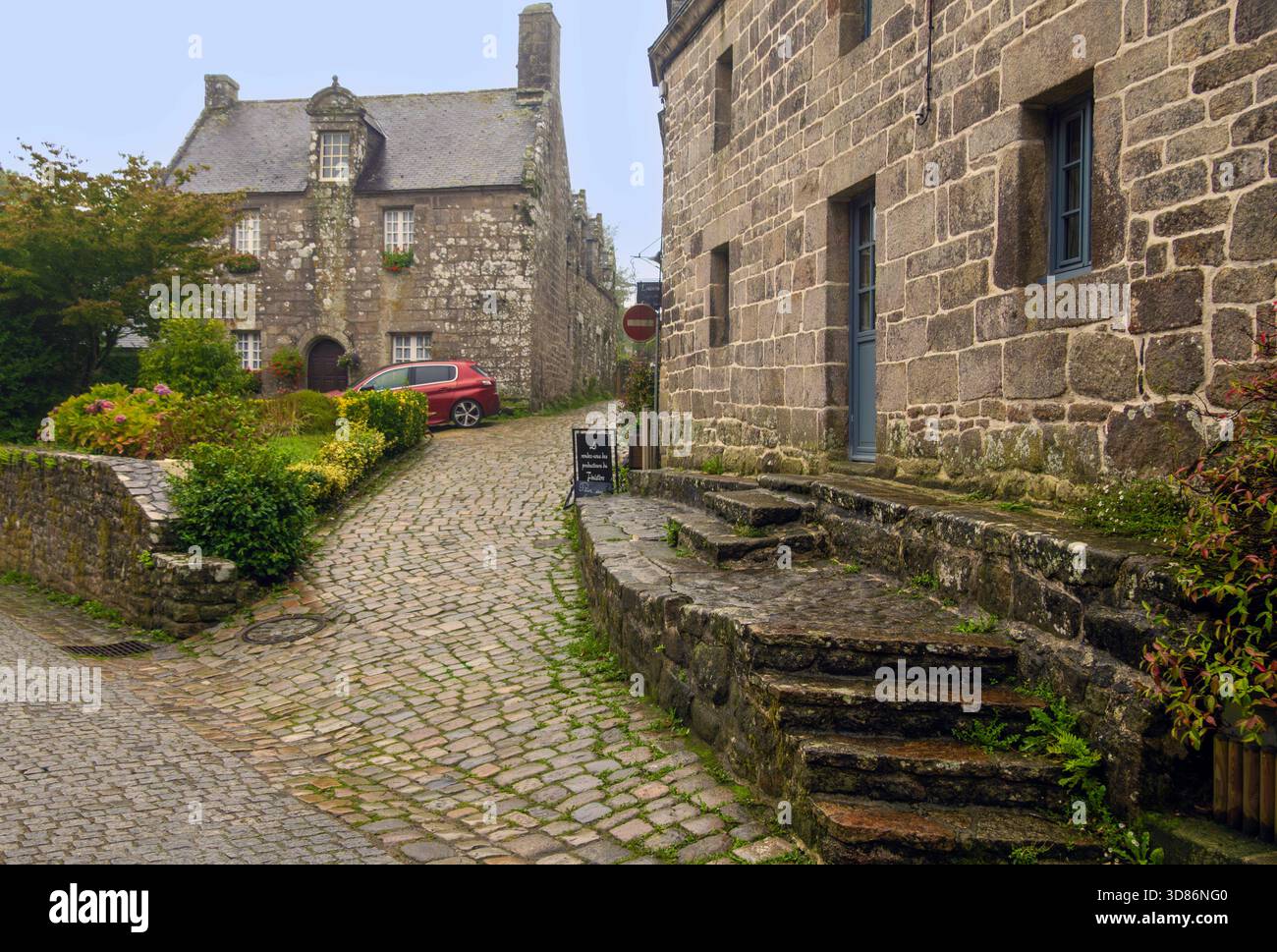 Rainy wet day in Locronan, Brittany, France Stock Photo