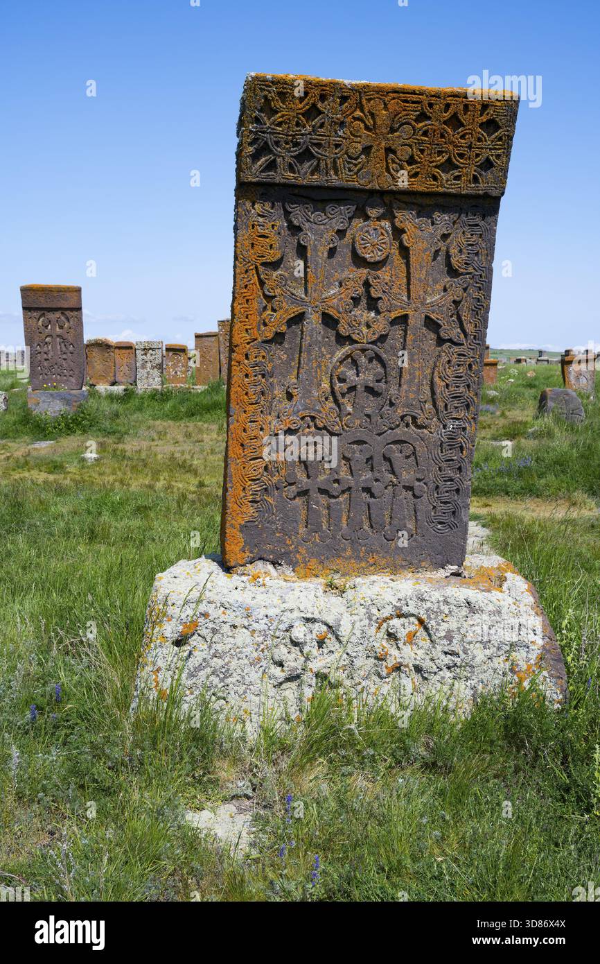 Standing tombstone with complex patterns and orange patina in a green landscape, crossstones, khachkars, world's largest khachkar field, Noratus cemet Stock Photo