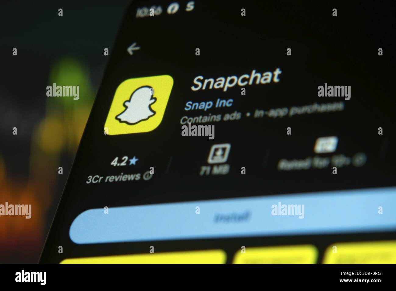 Snapchat app page on Play Store with yellow icon for social media ...