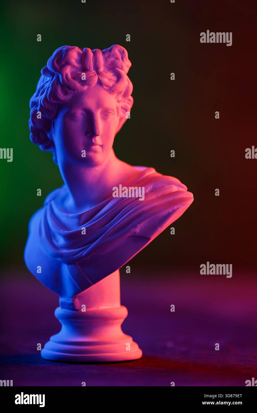 Antique Sculpture Head in Moody Neon Gradient Light Composition Stock Photo