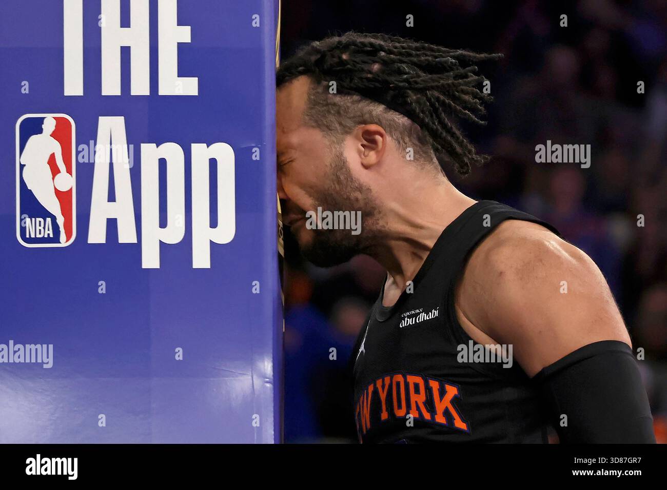 New York Knicks guard Jalen Brunson reacts after being fouled during ...