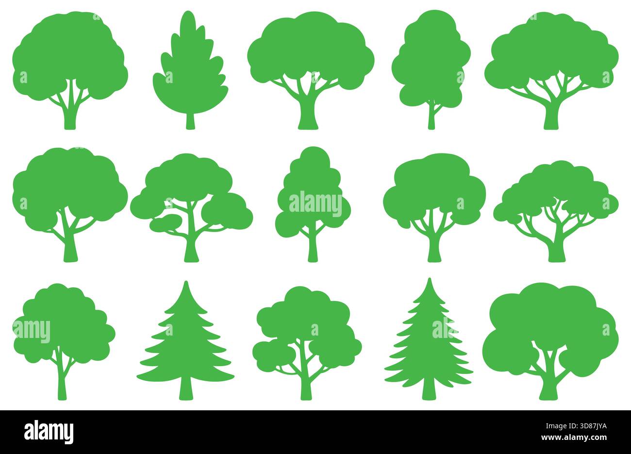Collection of green tree silhouettes vector, diverse forest and park ...