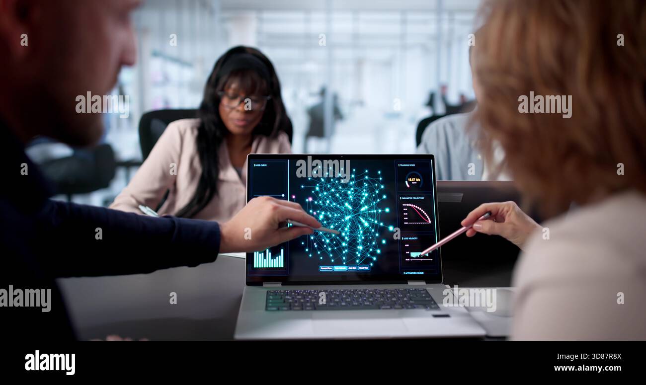 Software Engineers Meet To Discuss AI Algorithm Research In Office. Stock Photo