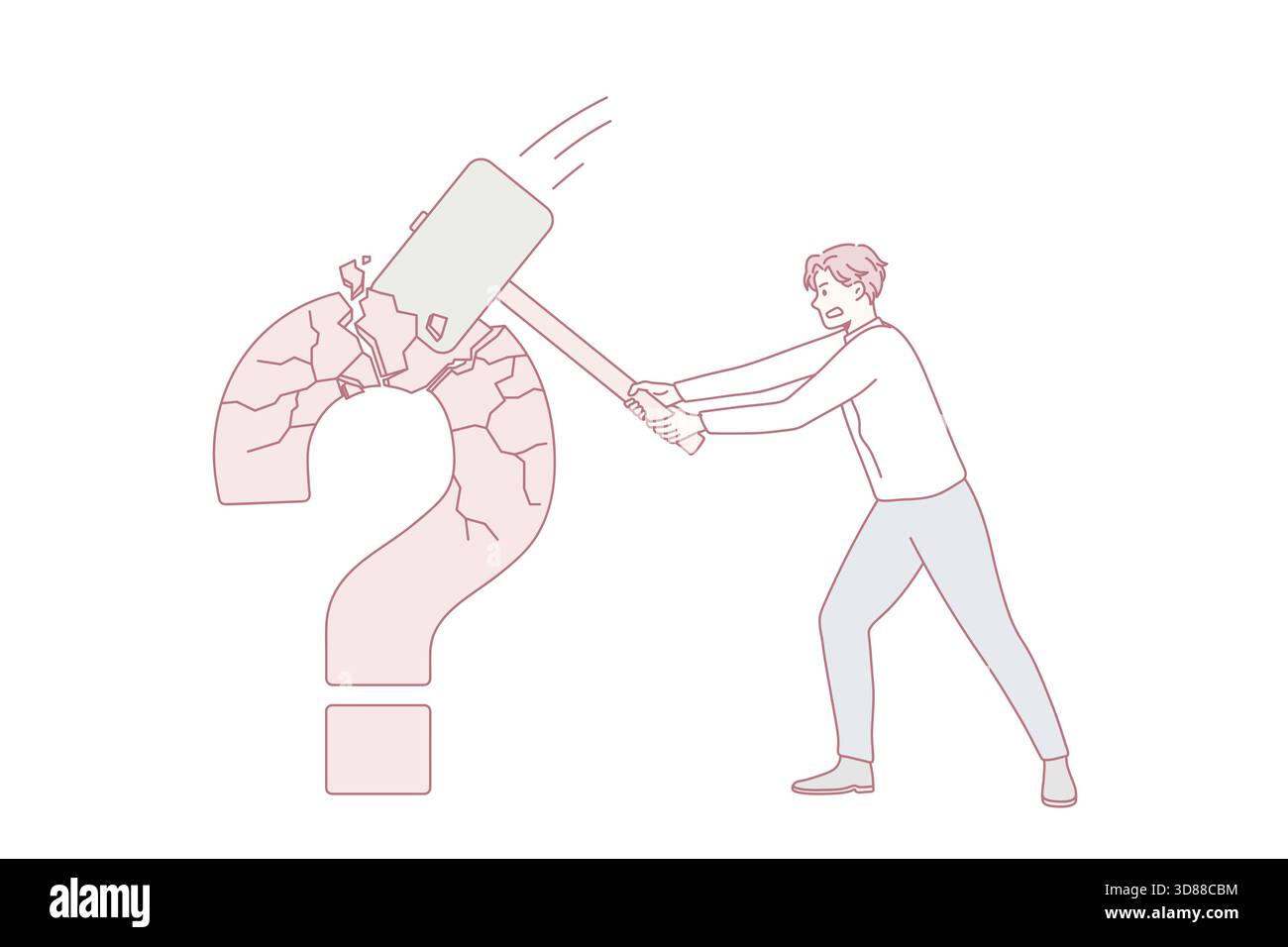 Businessman hold hammer crash huge question mark find business solution to problem. Male employee or worker look for trouble solving, make decision or choice. Vector illustration, cartoon character. Stock Vector