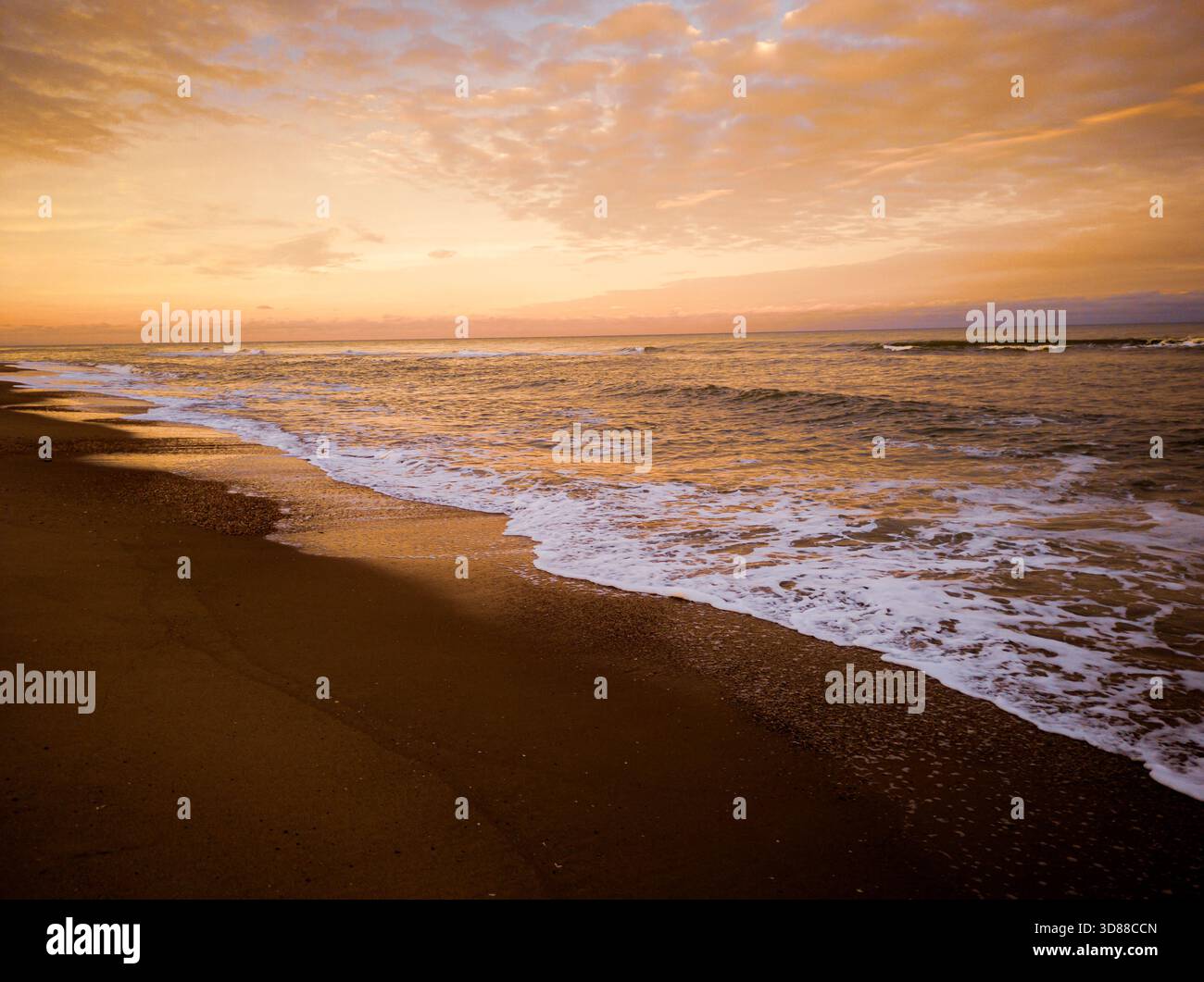 Golden Hour Beach Scene with Ocean Waves and Dramatic Orange Sky Stock ...