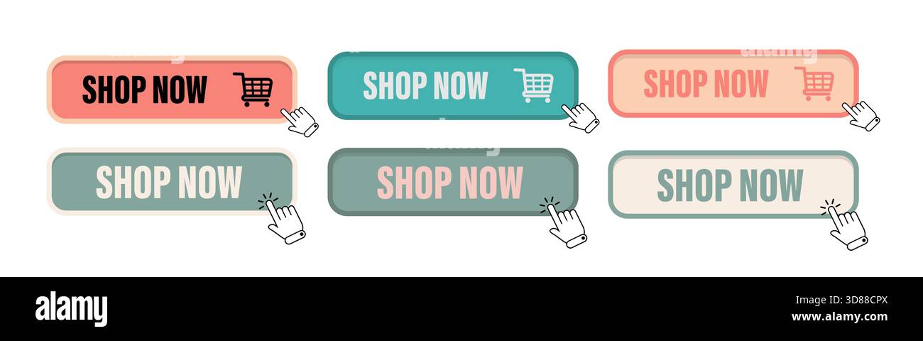 Shop now buttons. Online store link. E commerce vector. Click purchase symbol. Stock Vector