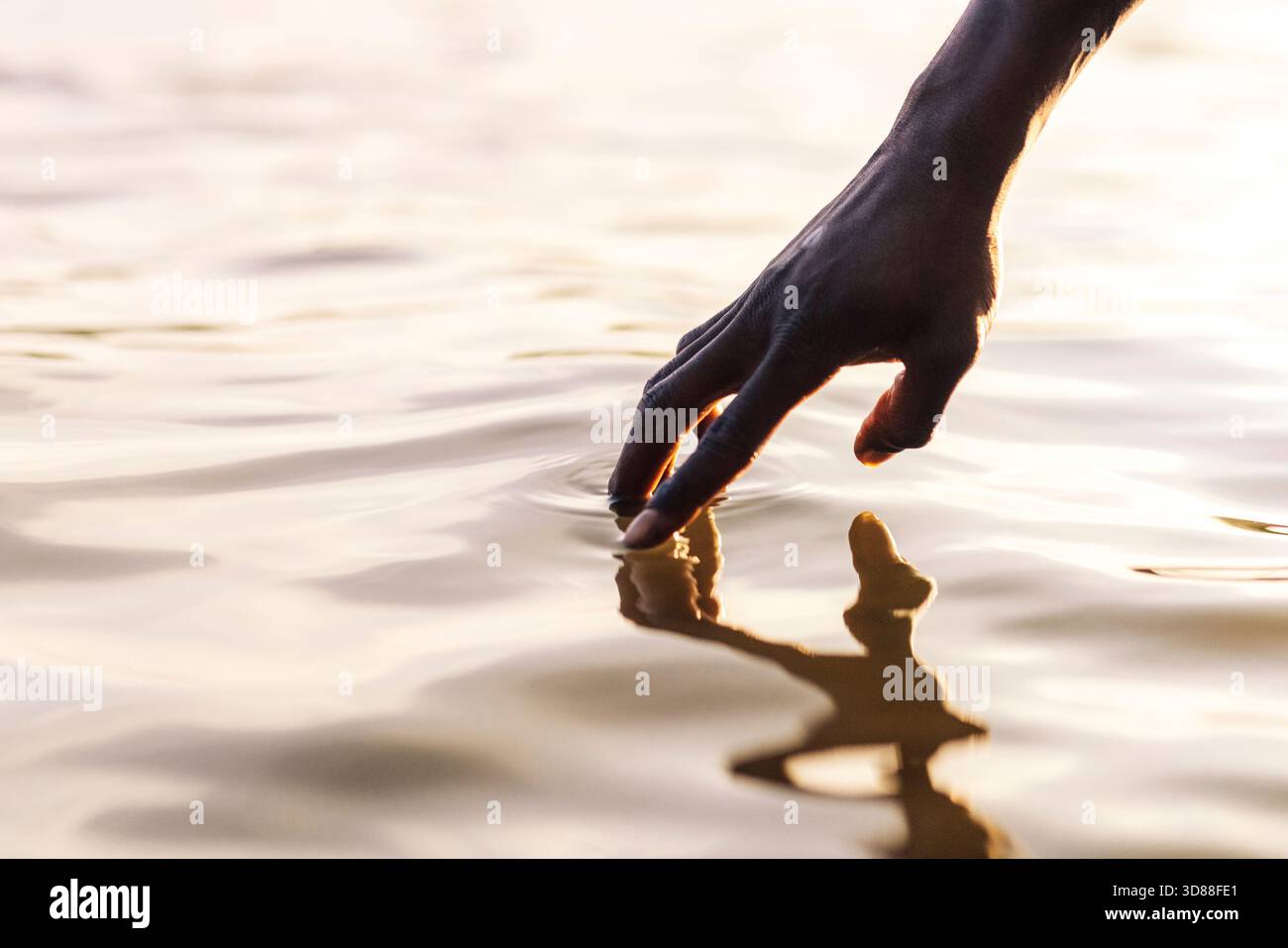 Hand of man touching water of lake Stock Photo
